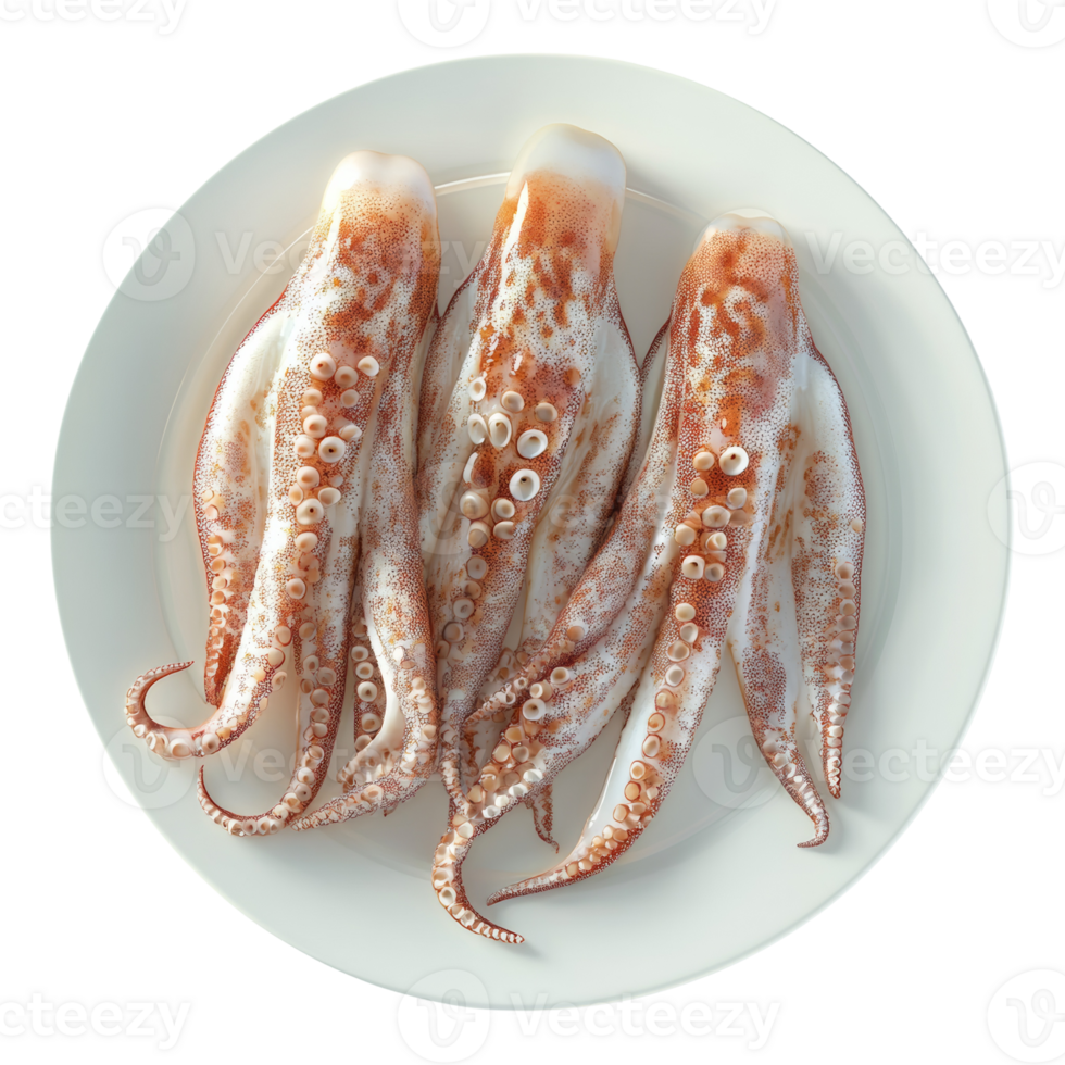 Three Cleaned Squid Tentacles on a White Plate png