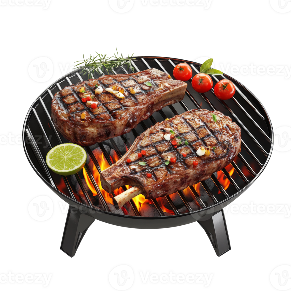 Grilled steaks on a barbecue grill with vegetables and lime png