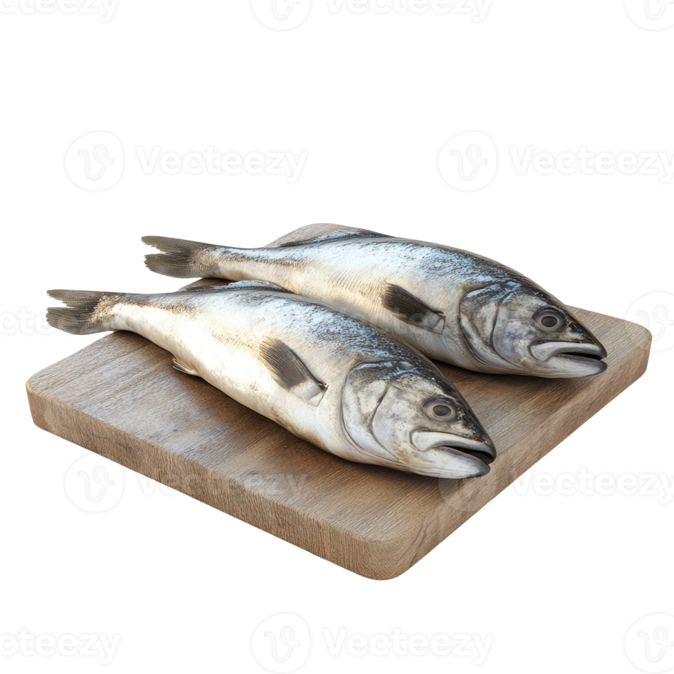 Two fresh fish on a wooden cutting board png