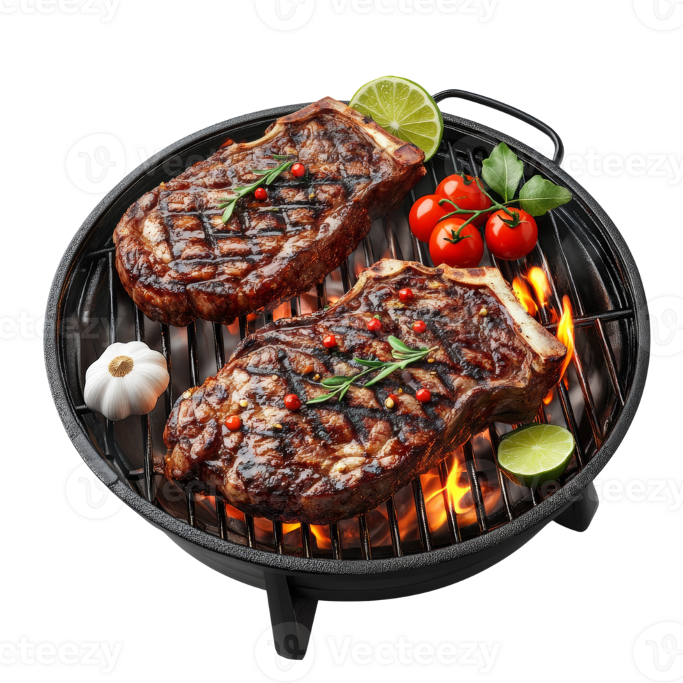 Grilled Steak On Charcoal Grill With Lime And Tomatoes png