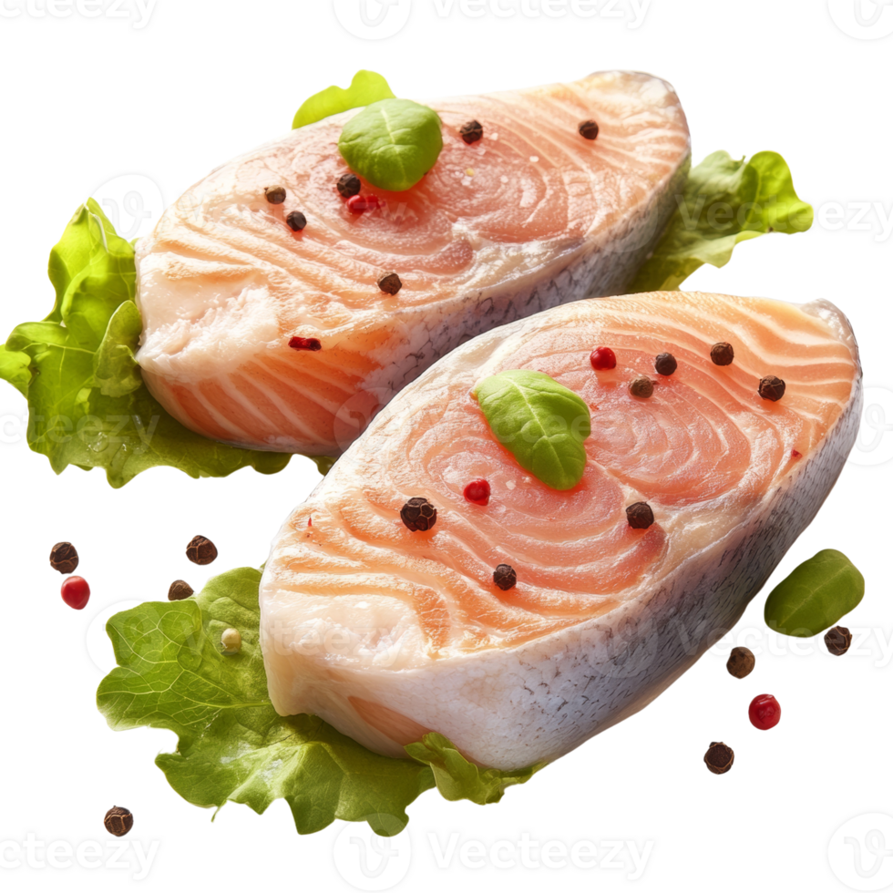 Two Raw Salmon Steaks with Peppercorns and Basil png