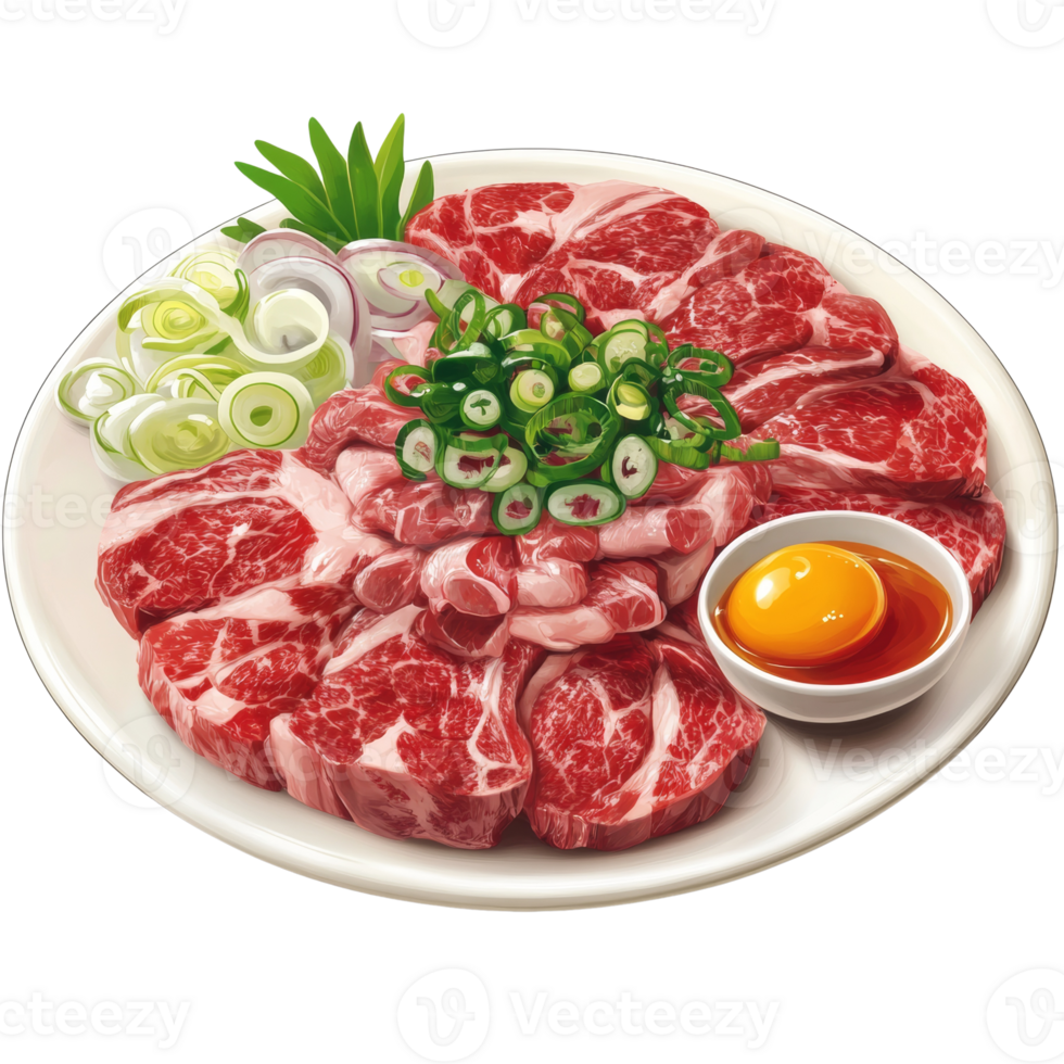 Raw Beef Slices Arranged with Vegetables and Egg Yolk png