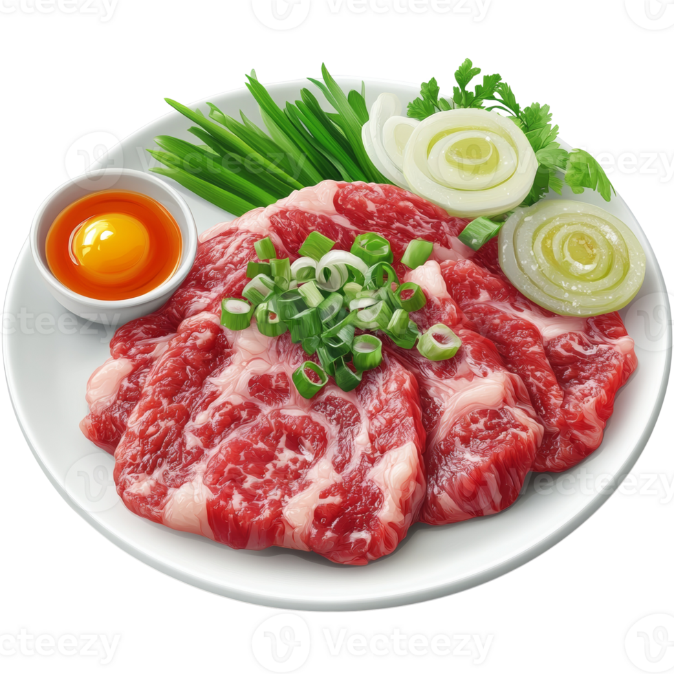 Raw Beef Slices with Garnishes on a Plate png