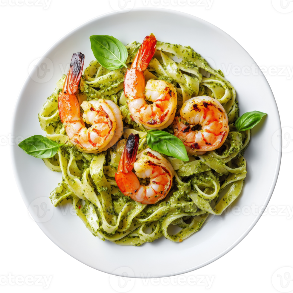Grilled Shrimp Pesto Pasta Dish with Basil Garnish png