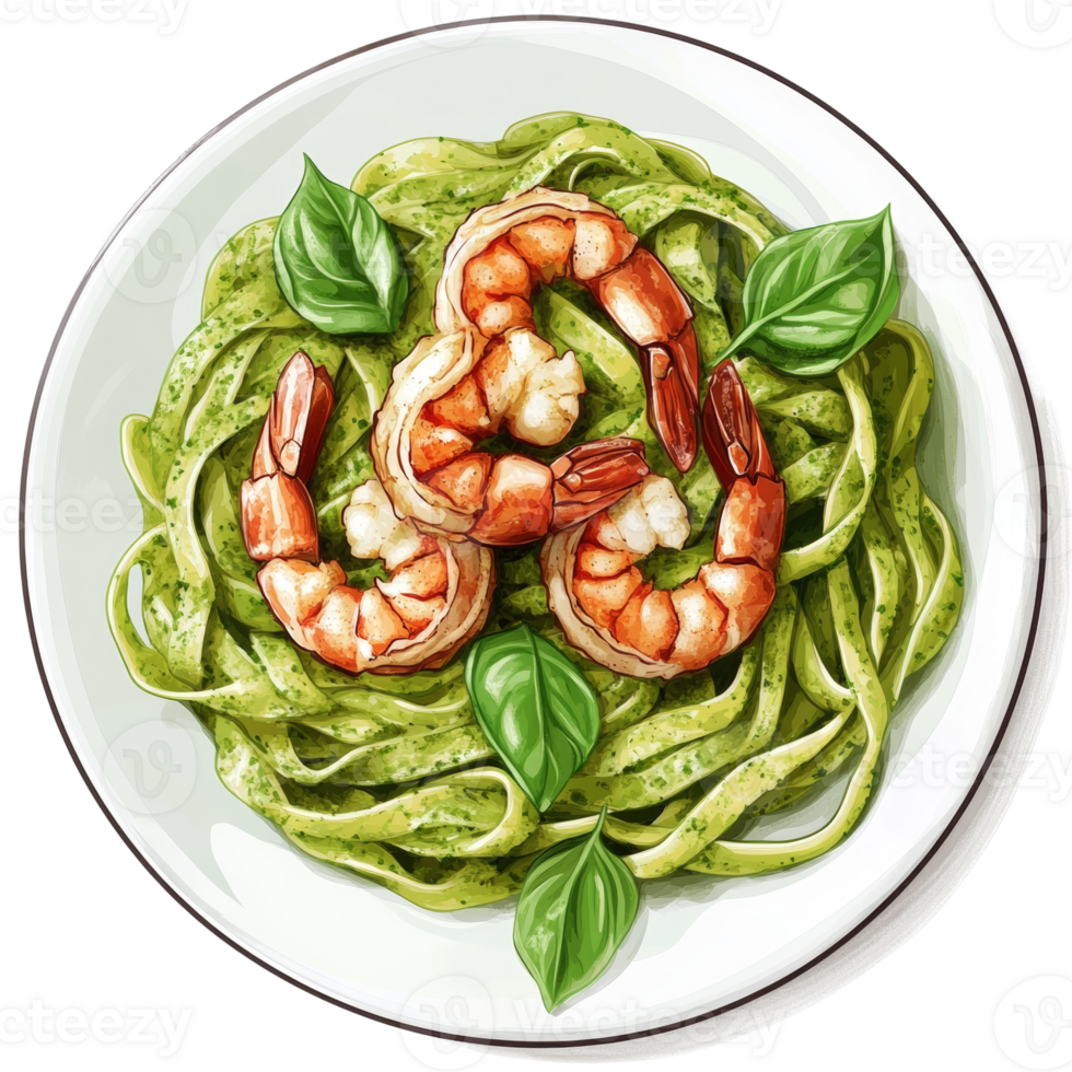 Pesto Pasta with Shrimp and Basil Garnish png