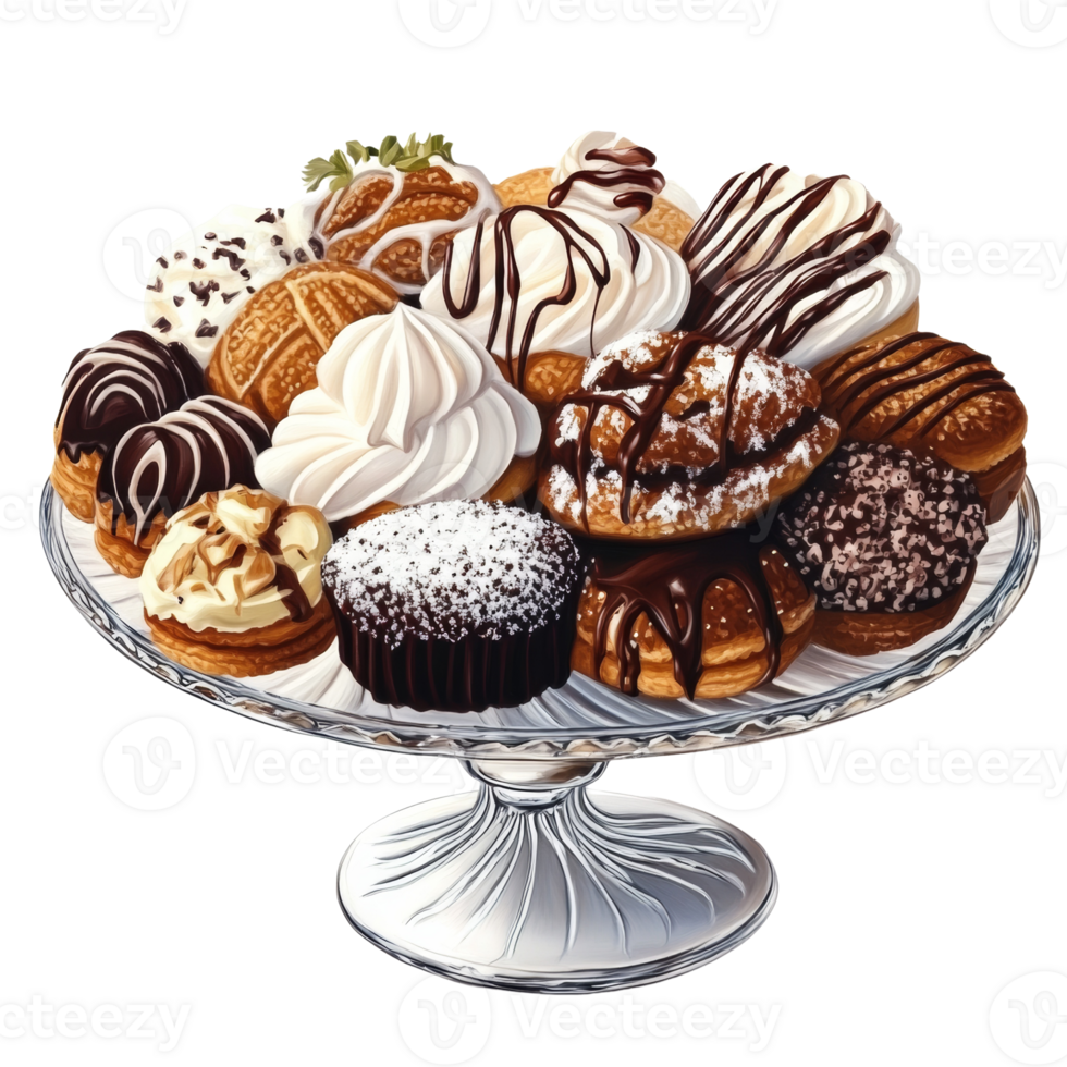 Assorted Delicious Pastries On A Glass Platter png