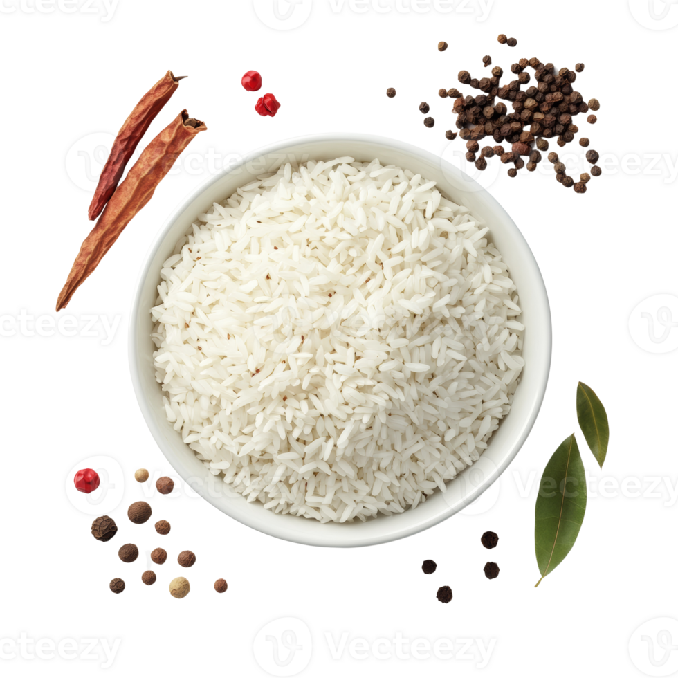 Bowl of cooked rice with spices and bay leaves png