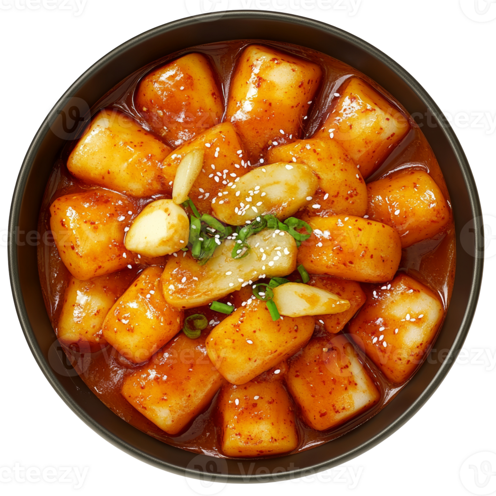 Delicious Korean Tteokbokki in a Dark Bowl png