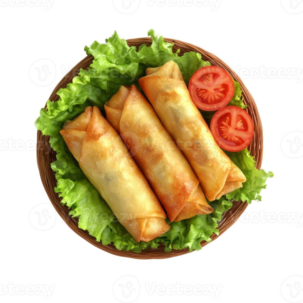Three Golden Fried Spring Rolls Served with Lettuce and Tomato png