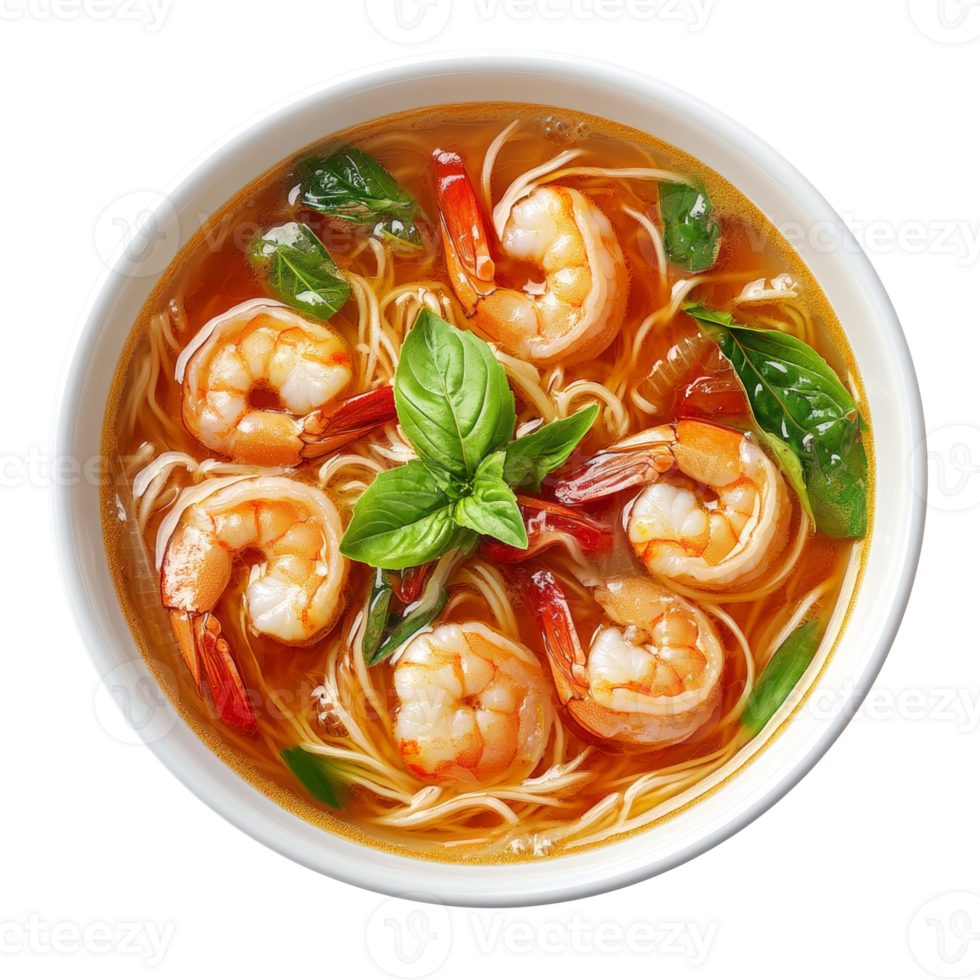 Delicious Shrimp Noodle Soup with Basil Garnish png