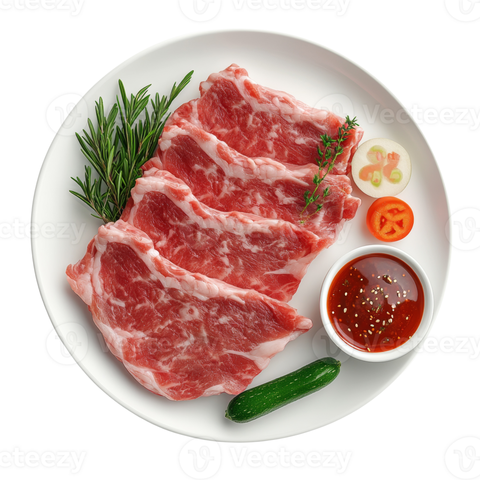 Raw marinated pork slices ready for grilling with vegetables and sauce png