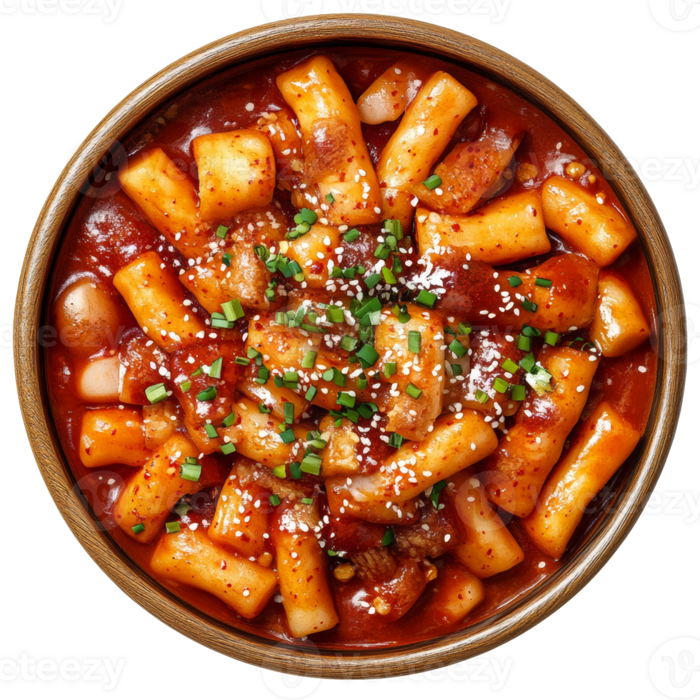 Delicious Spicy Tteokbokki in a Wooden Bowl png