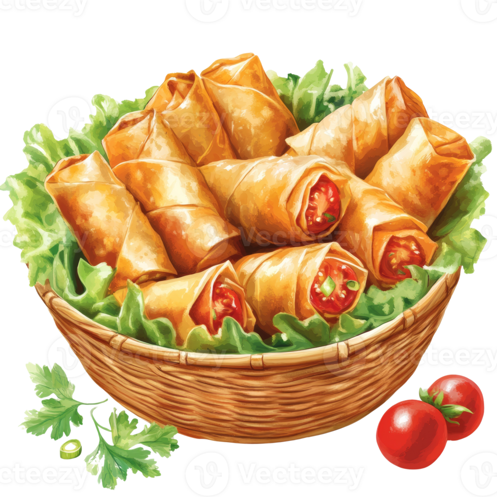 Crispy Spring Rolls in a Wooden Basket with Tomatoes png