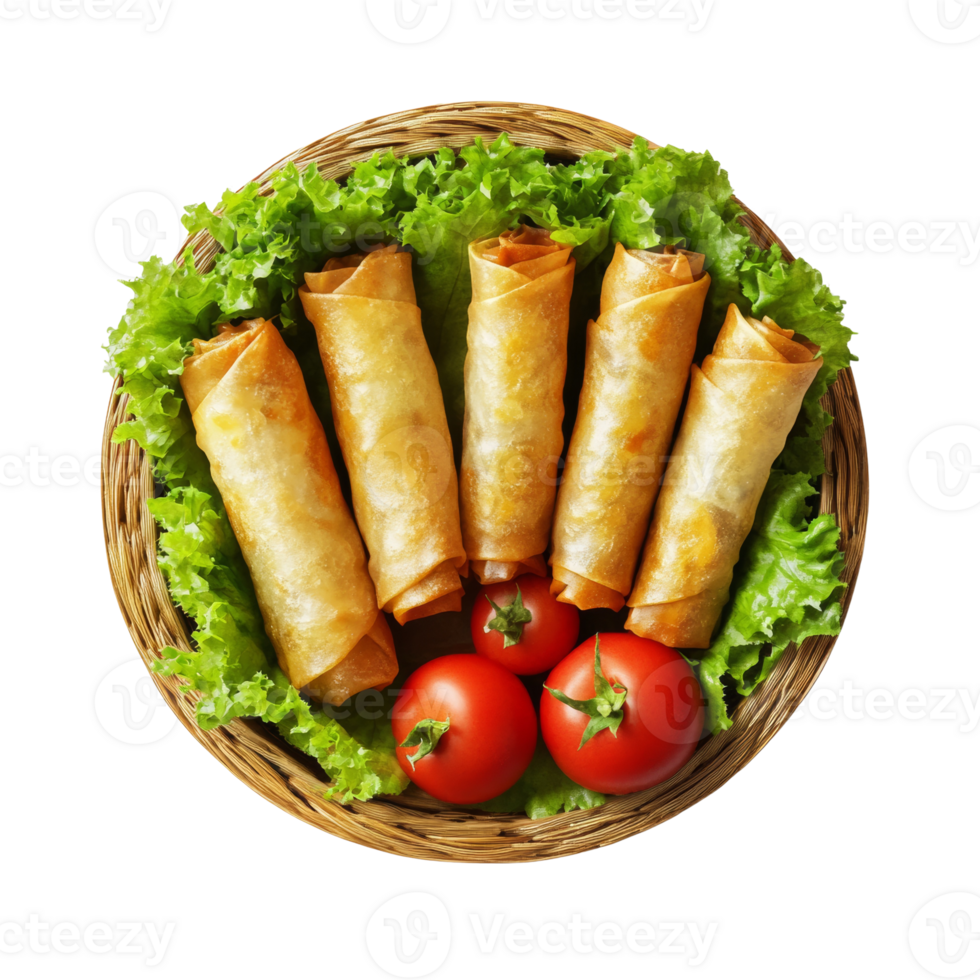 Golden Fried Spring Rolls Served with Tomatoes and Lettuce png