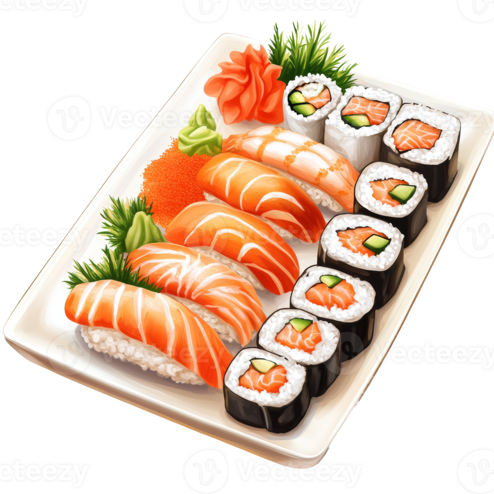 Delicious Salmon Sushi Assortment on Elegant Plate png