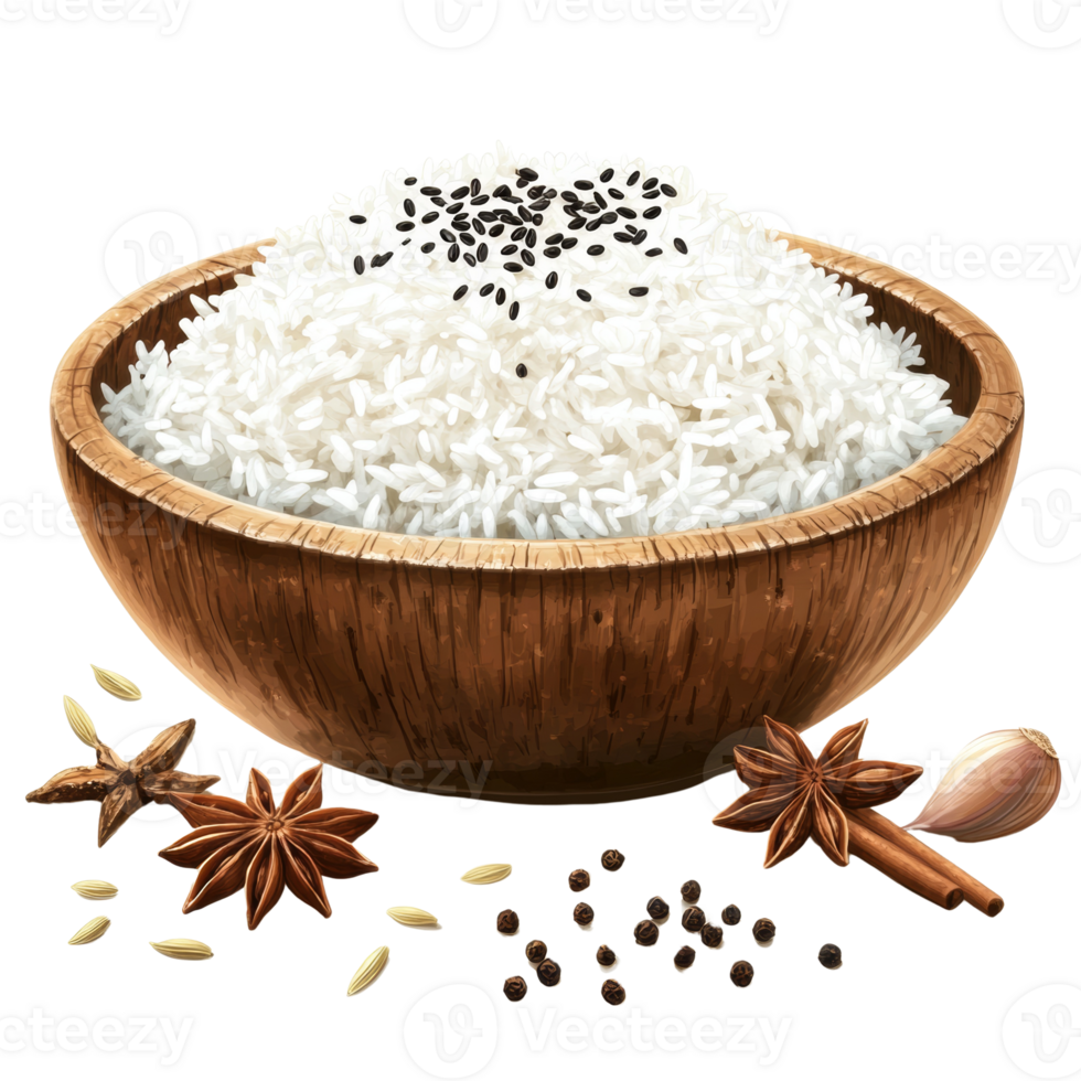 Aromatic White Rice Served in Wooden Bowl with Spices png