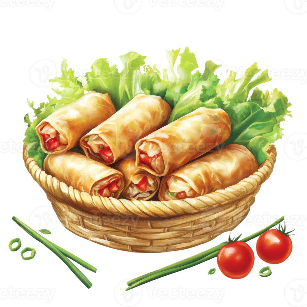 Spring Rolls in Basket with Lettuce and Tomatoes png
