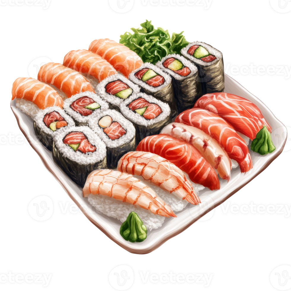 Delicious assortment of sushi and sashimi on a plate png