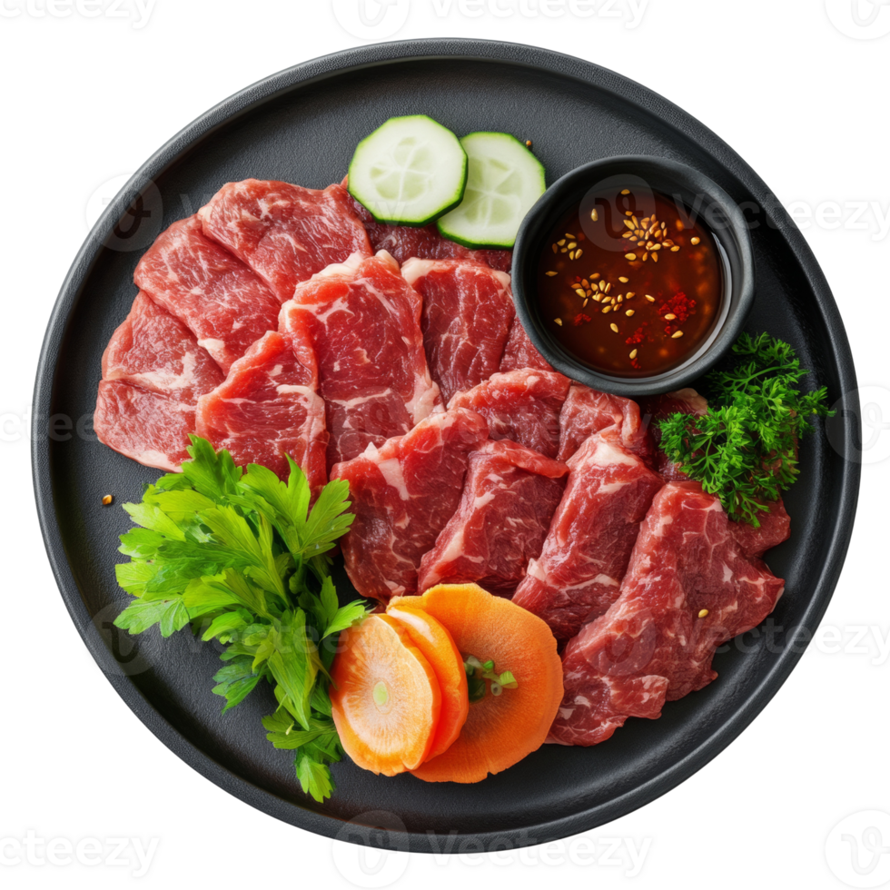 Raw beef slices arranged on a black plate with vegetables and sauce png
