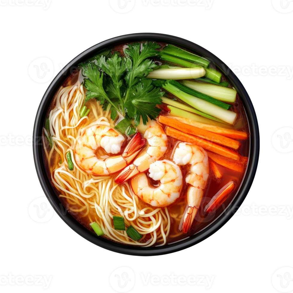Delicious Shrimp Noodle Soup in Black Bowl png