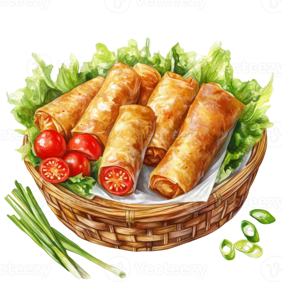 Golden Fried Spring Rolls in a Basket with Tomatoes and Greens png