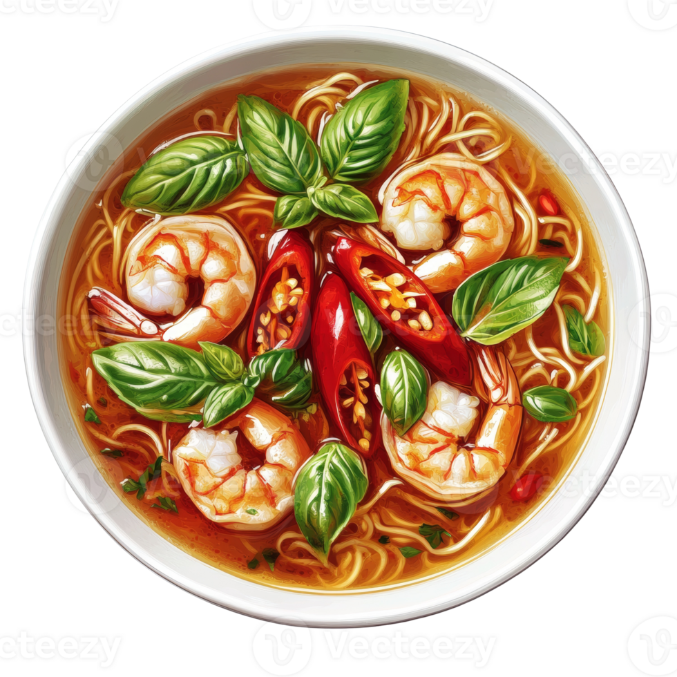 Spicy Shrimp Noodle Soup with Basil and Chili Peppers png