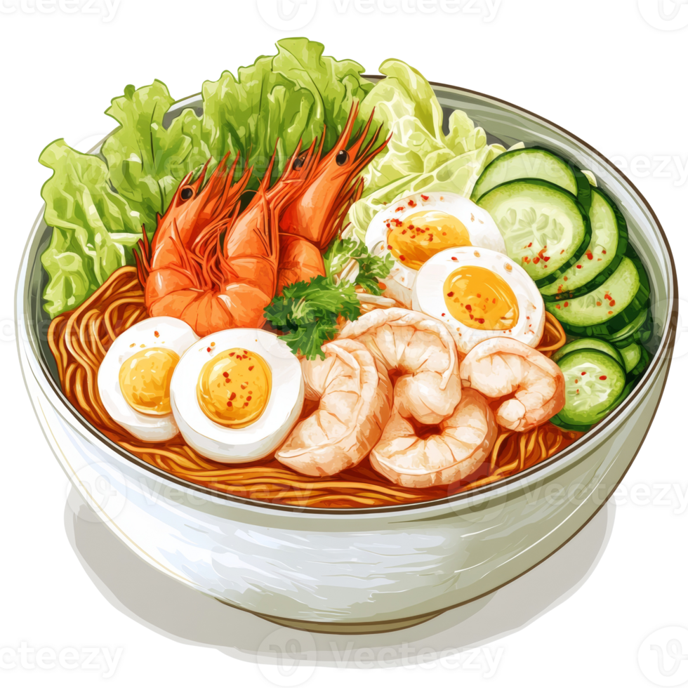 Delicious Shrimp Noodle Bowl With Eggs And Vegetables png