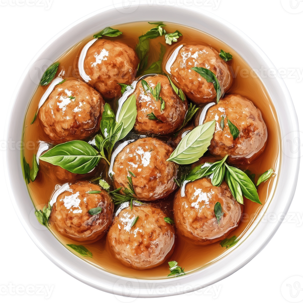 Meatballs in savory broth garnished with basil png