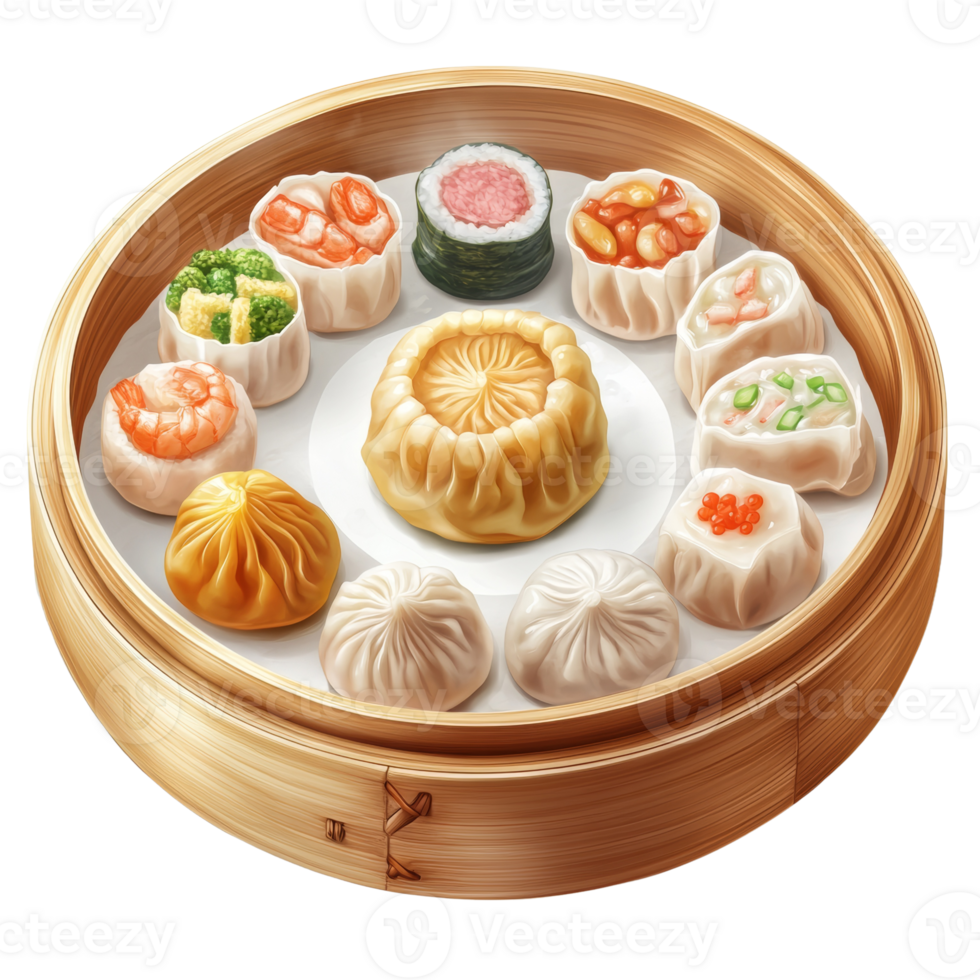 Assorted Dim Sum Selection in a Bamboo Steamer png
