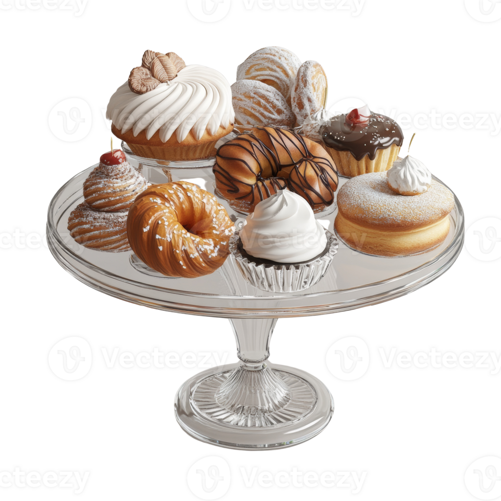 Assorted Delicious Pastries and Cakes on a Glass Stand png