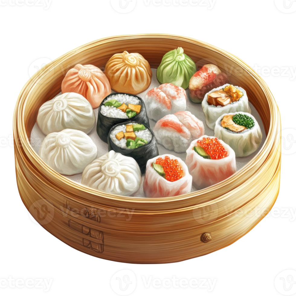 Assorted Dim Sum and Sushi in a Bamboo Steamer png