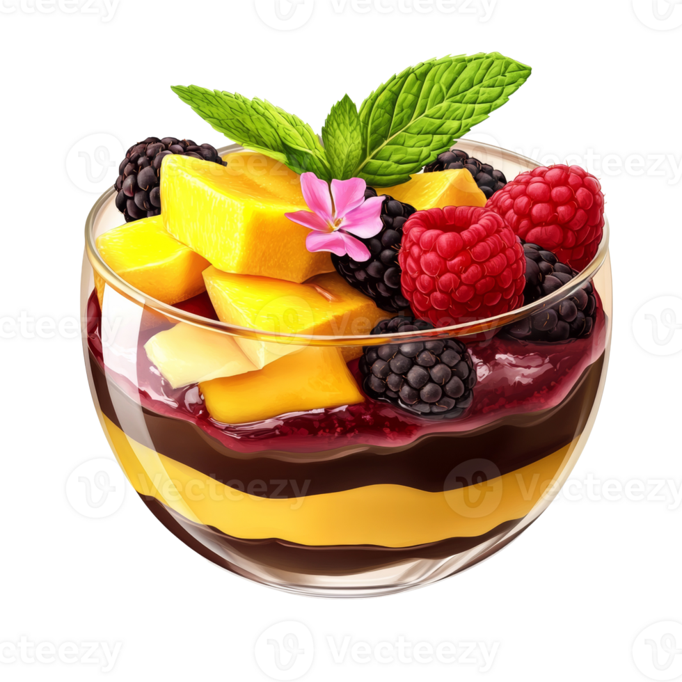 Delicious Mango Raspberry Blackberry Dessert in Glass Bowl png