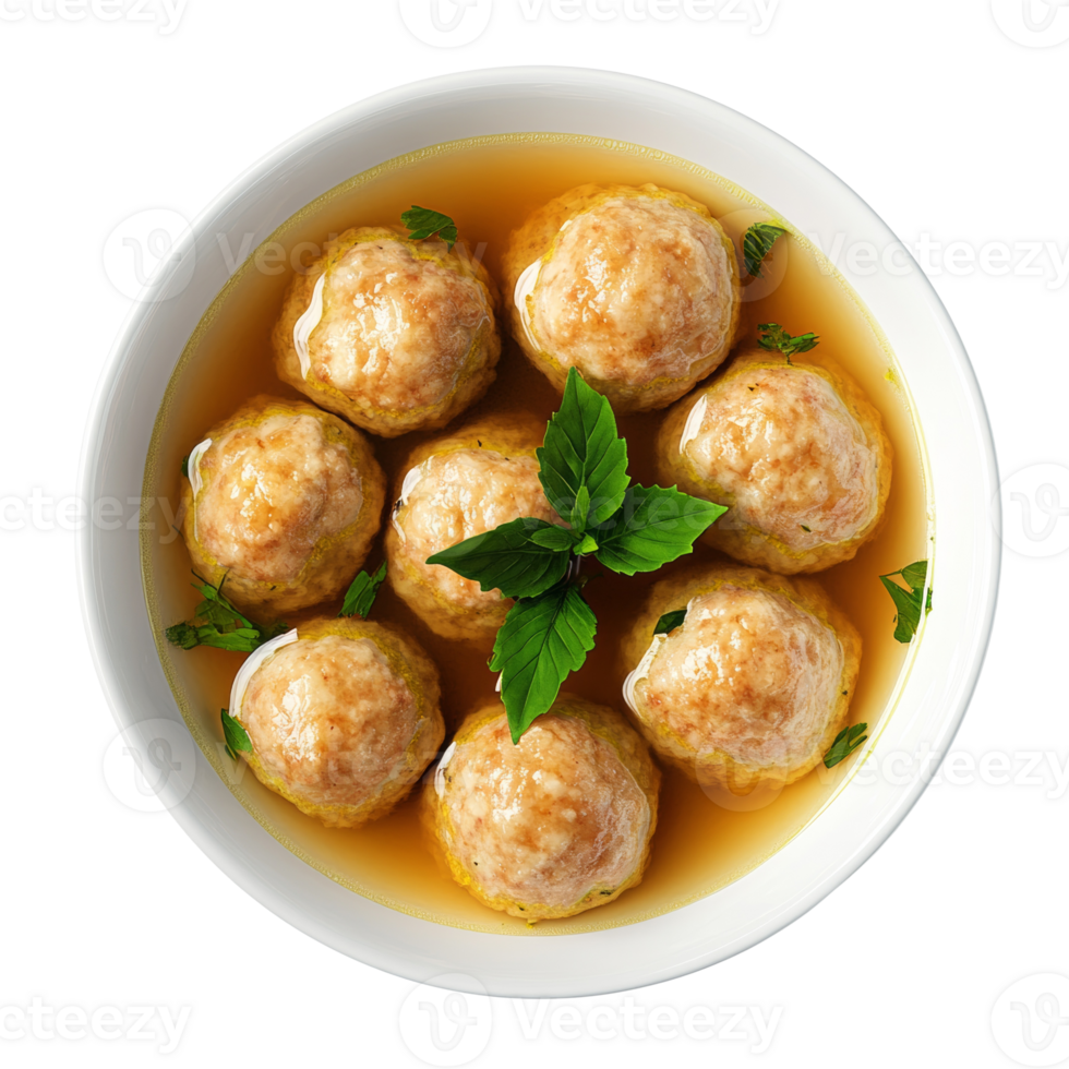 Delicious Chicken Broth with Fluffy Meatballs and Herbs png
