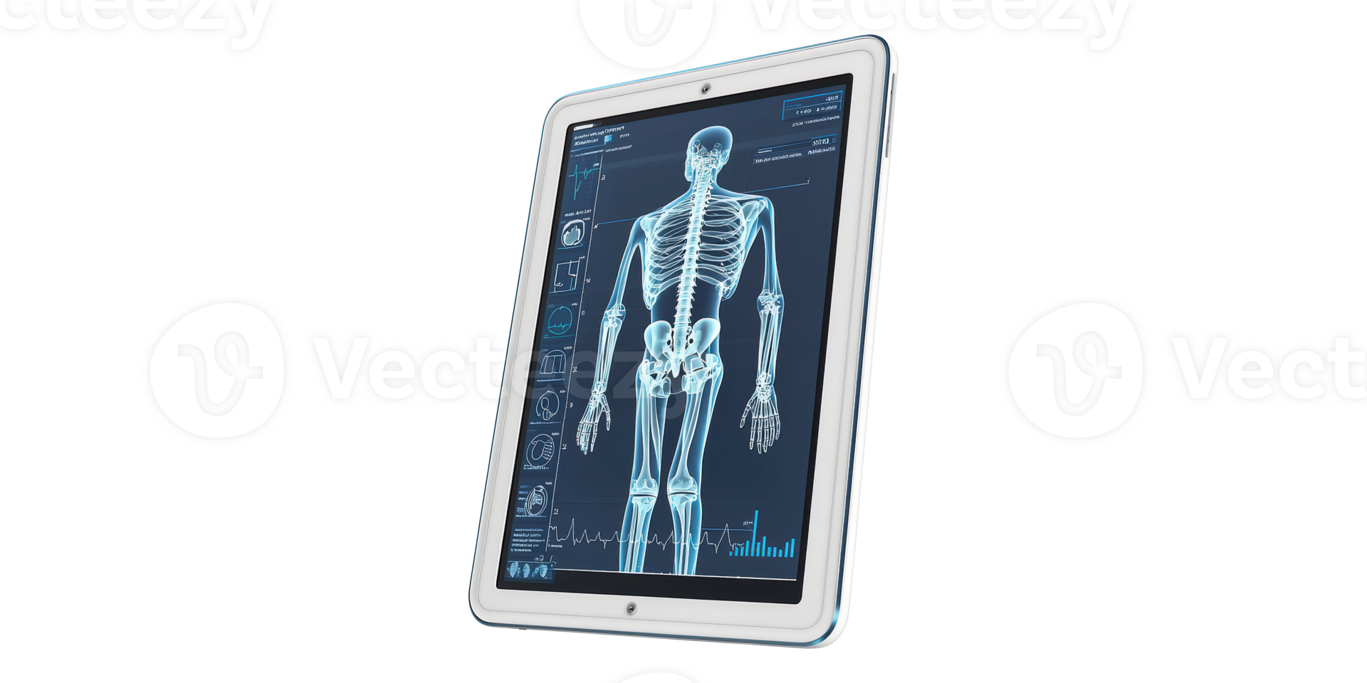 Digital tablet displaying human skeleton scan isolated on transparent background png