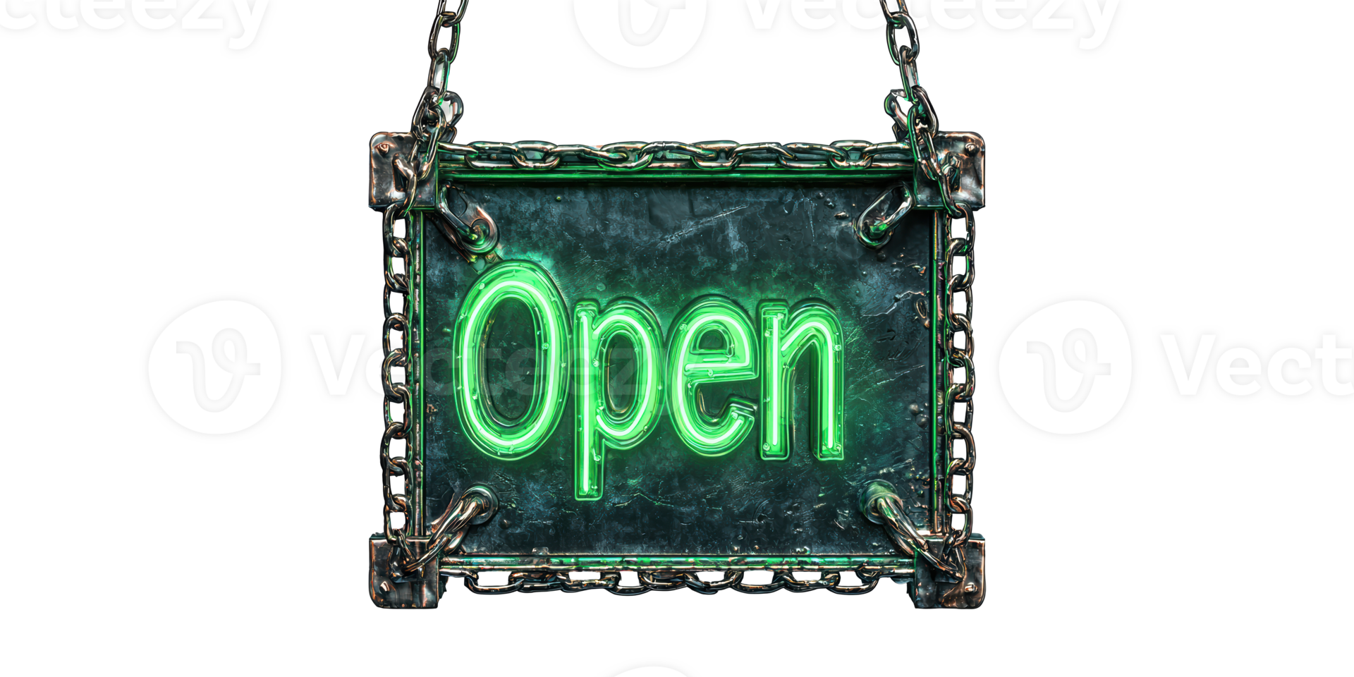 Neon green open sign hanging with chains isolated on transparent background png