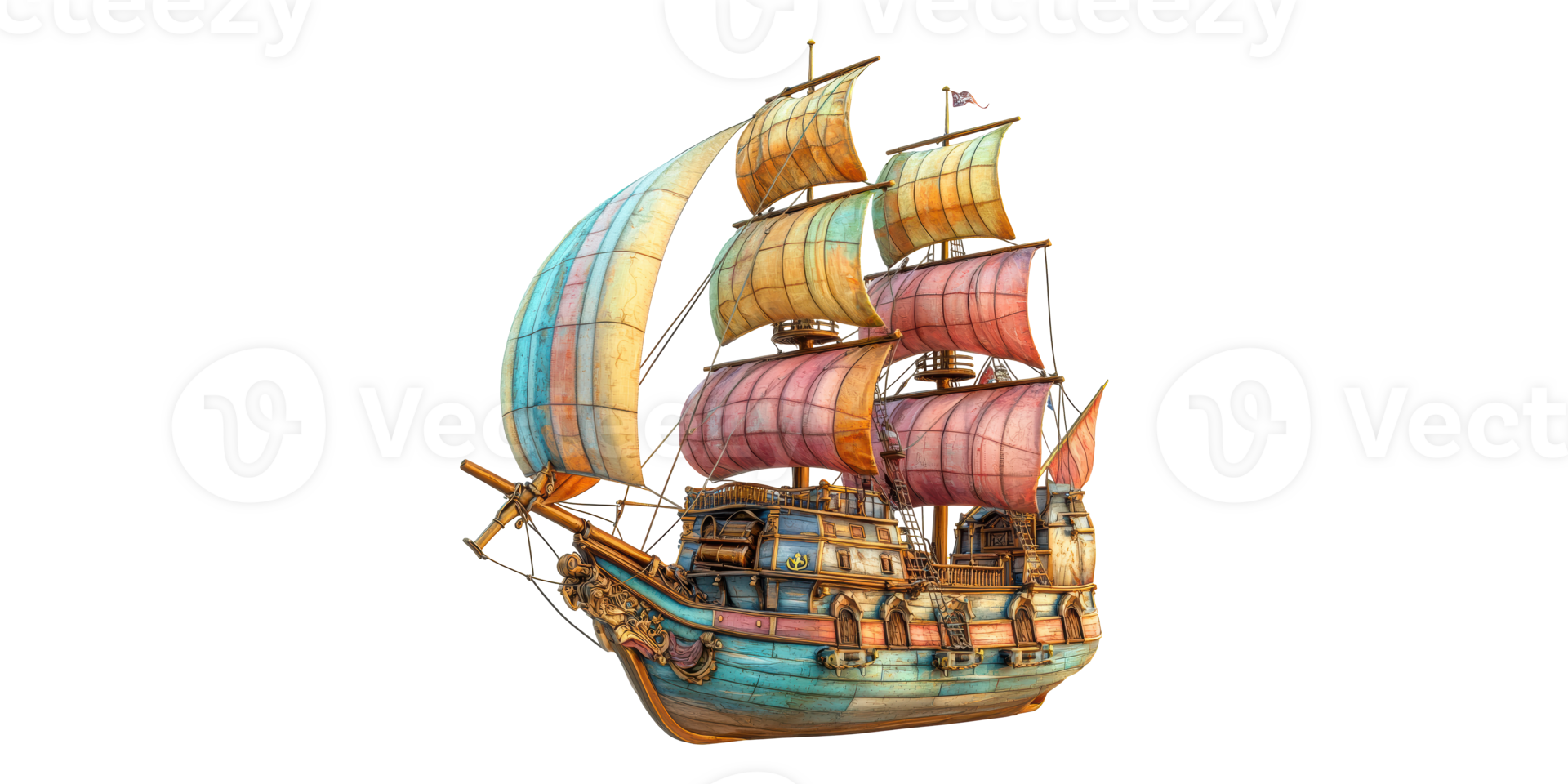 Vintage sailing ship with colorful sails isolated on transparent background png