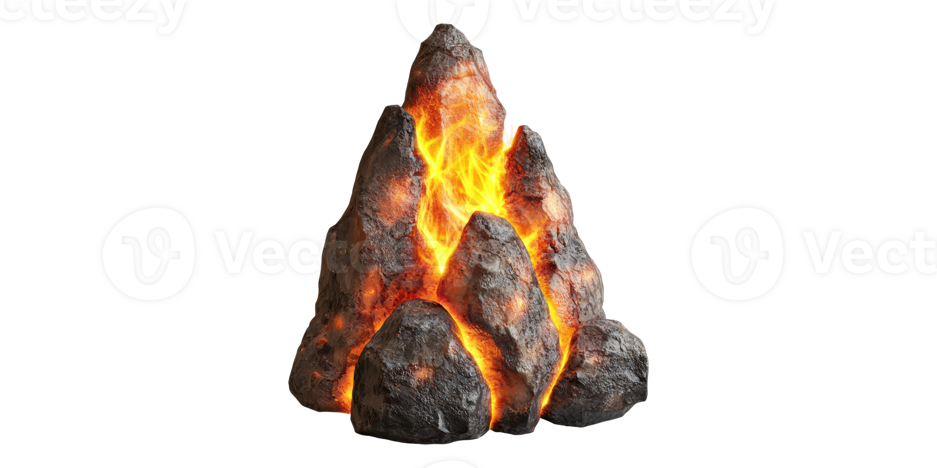 Volcanic rock formation with fiery lava isolated on transparent background png