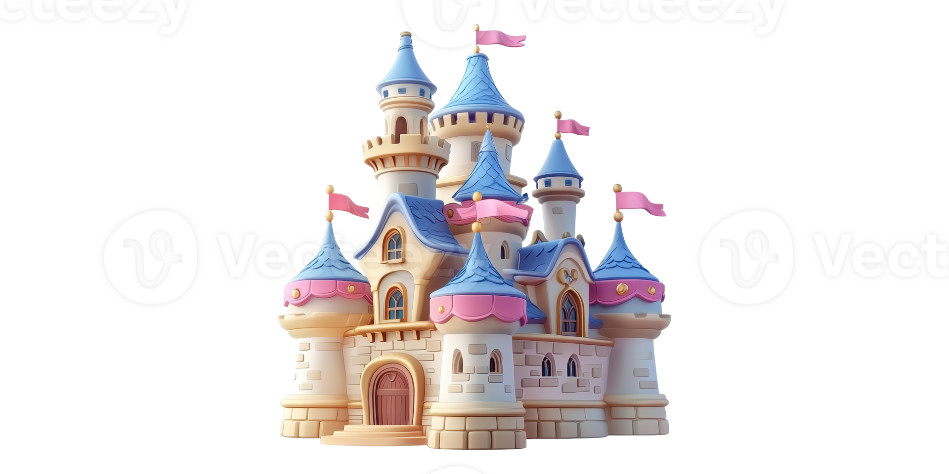 Fantasy castle with pink flags and blue roofs isolated on transparent background png