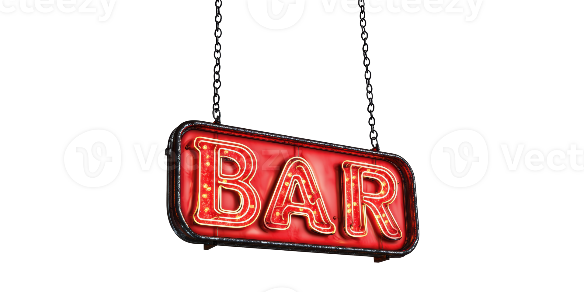 Red neon bar sign hanging on chains isolated on transparent background png