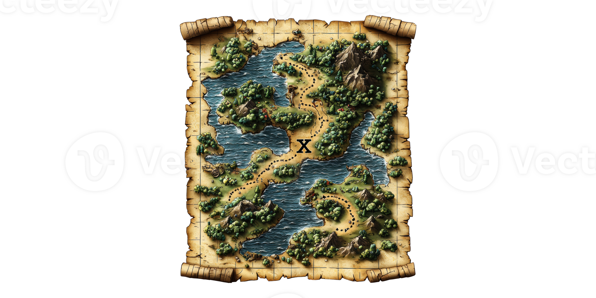 Treasure map with islands and mountains isolated on transparent background png