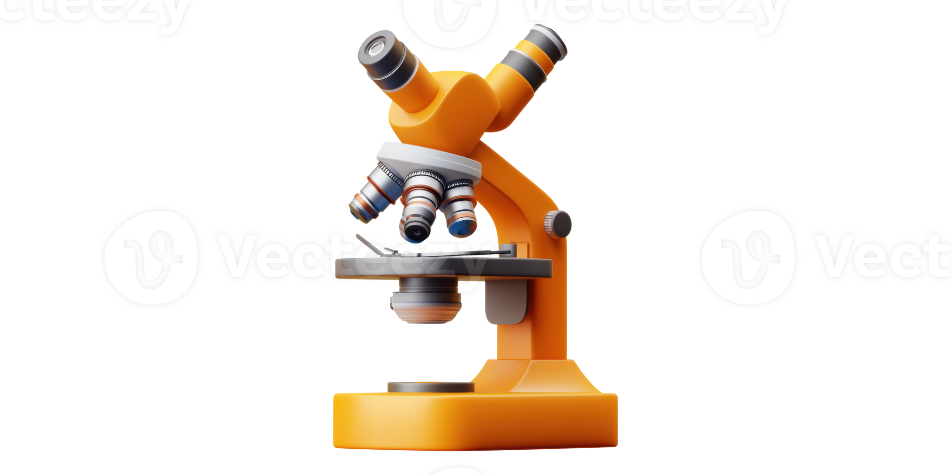 Orange laboratory microscope with multiple lenses isolated on transparent background png