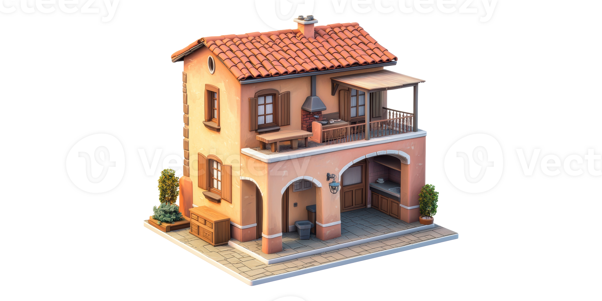 Mediterranean style house with terrace isolated on transparent background png