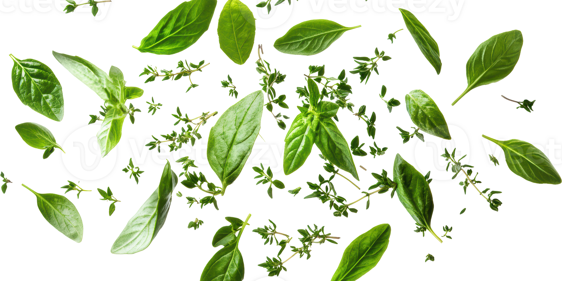 Fresh green leaves of basil and thyme isolated on transparent background png