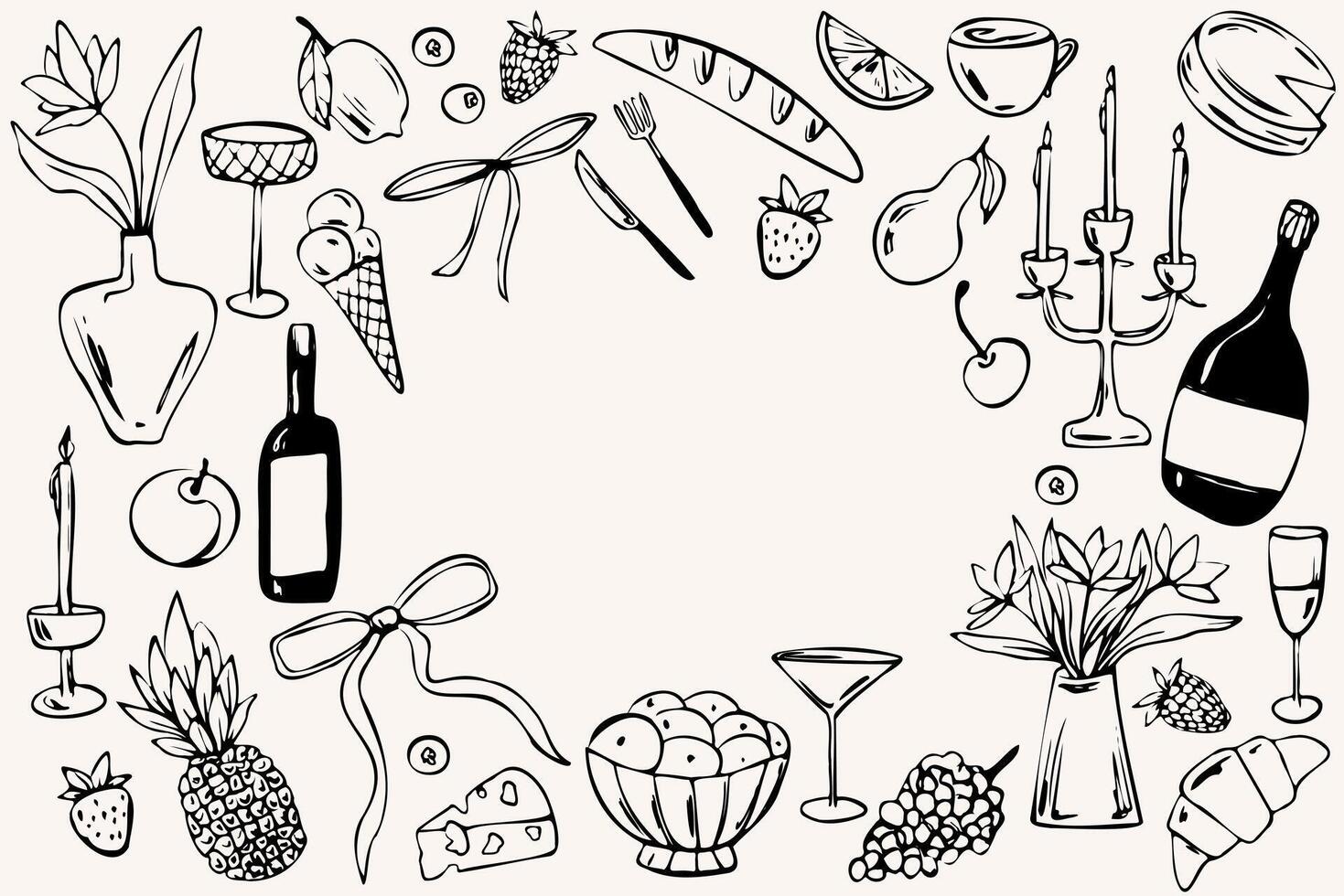 Hand drawn dinner frame with food drinks candles and flowers in line art whimsical style. Decorative elements in monochrome colors. Perfect for invitation, menu, greeting card, posters, prints vector