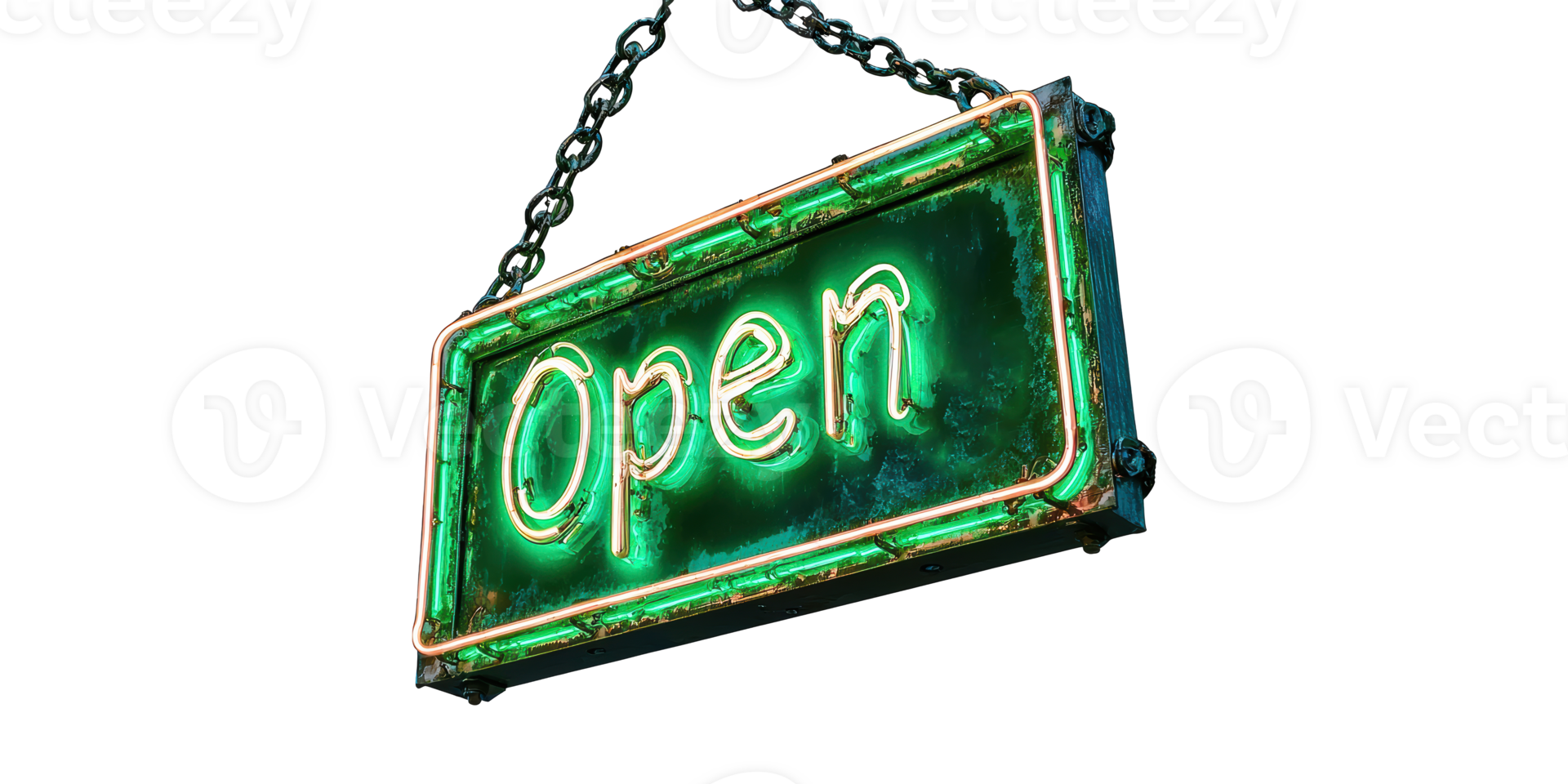 Green neon open sign with chains isolated on transparent background png