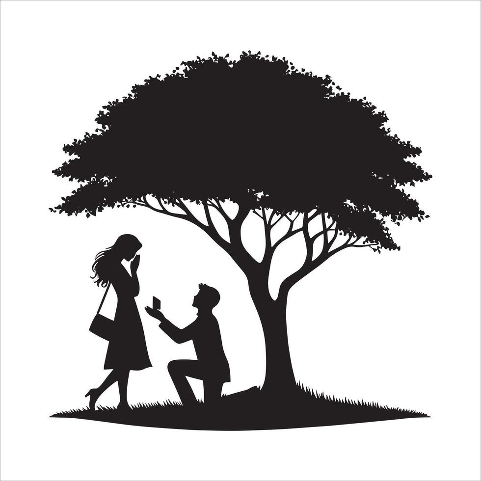Silhouette of a man proposing to a woman under a tree vector