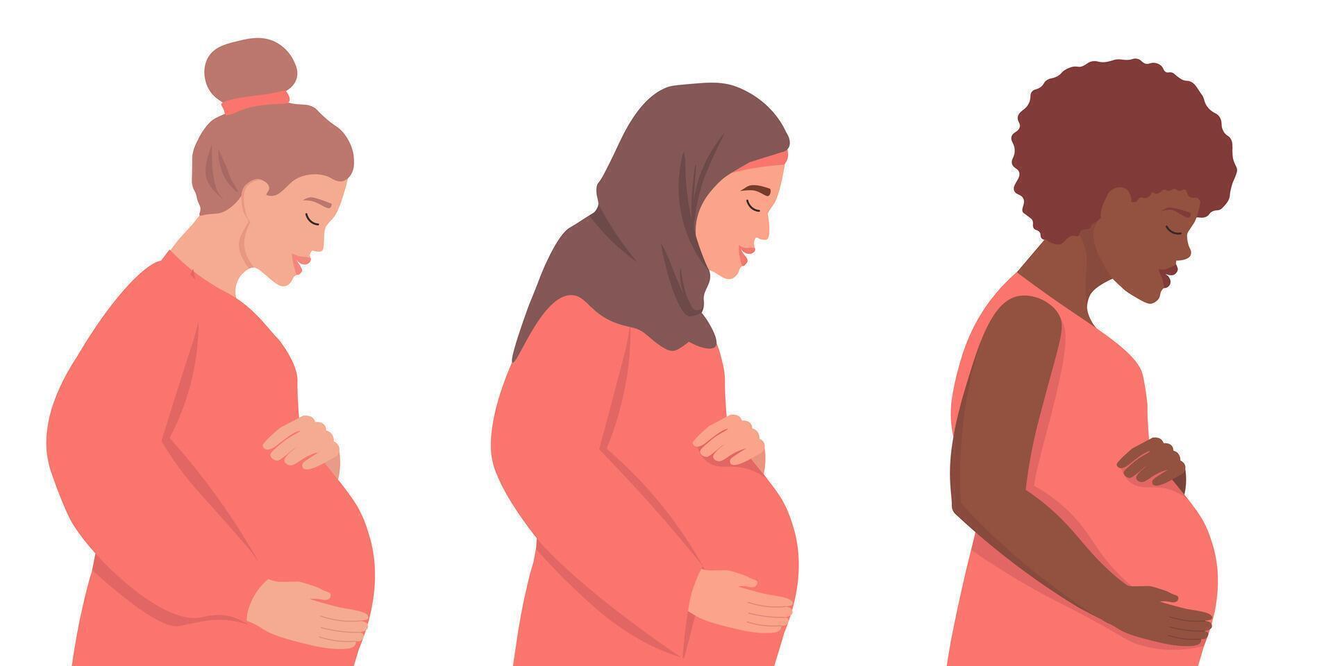 Different pregnant women in profile. The expectant mother in a hijab, with dark skin. vector