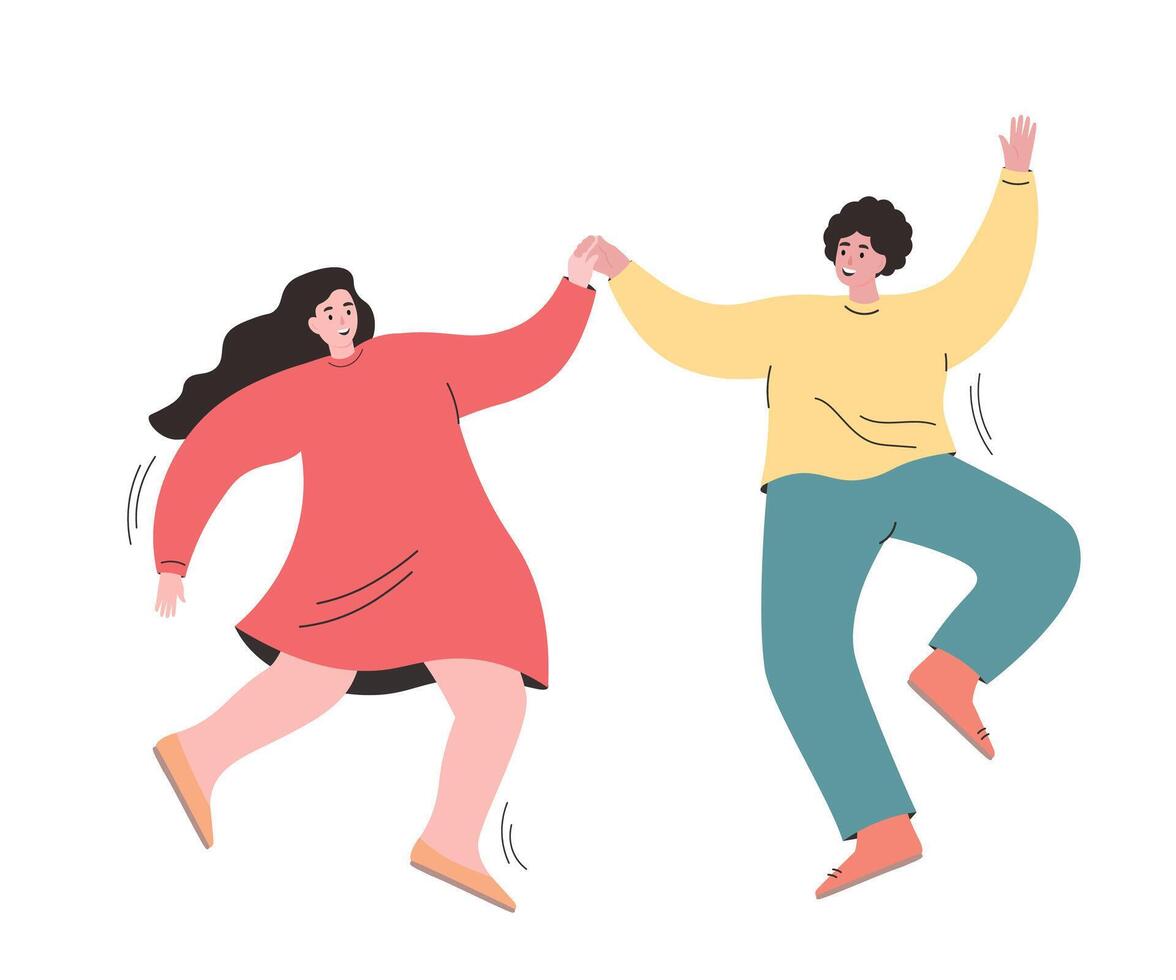 A couple of young happy people are dancing merrily. The guy and the girl are actively moving together, rejoicing. flat graphics. vector
