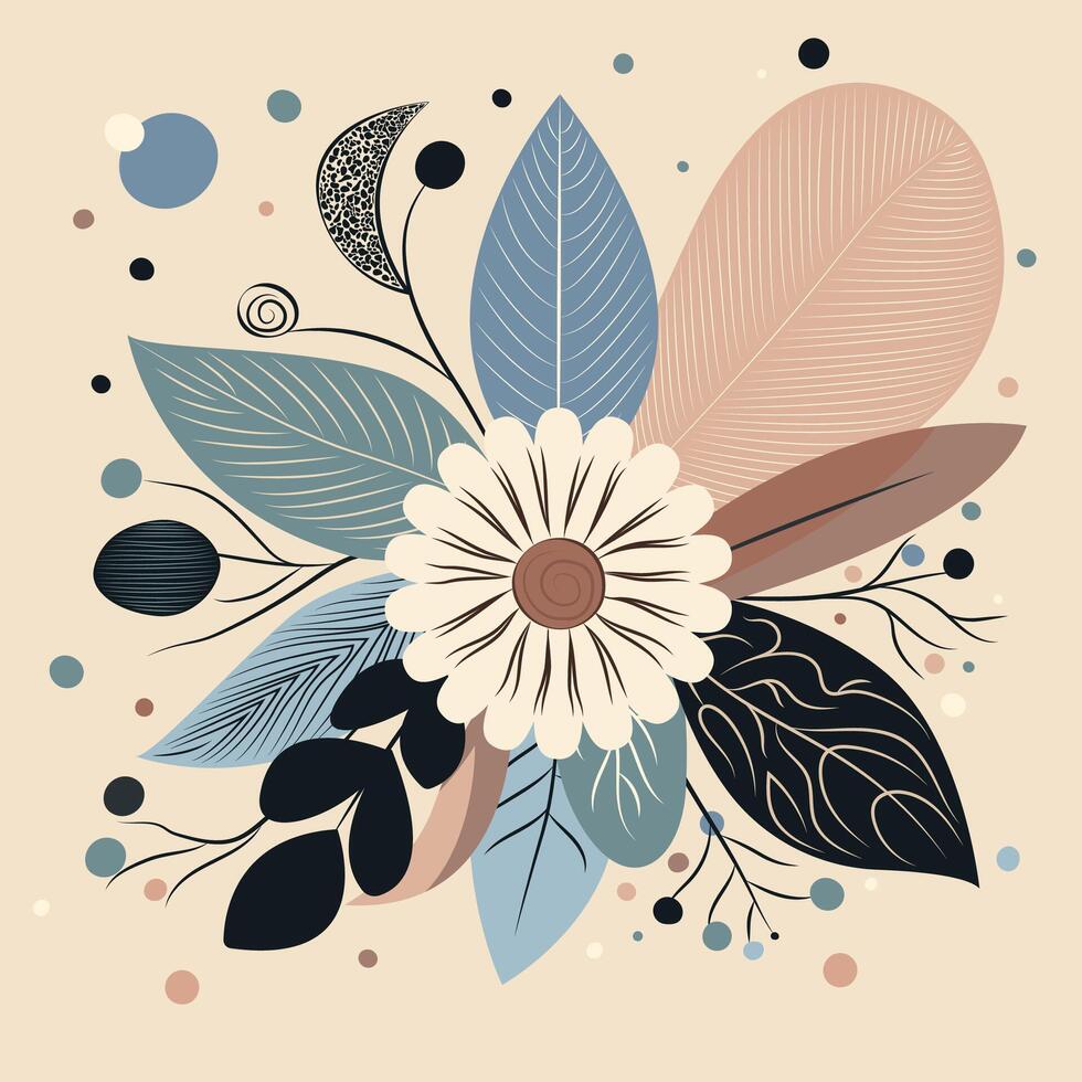 Illustration with flower and leaves in trendy flat simple style for spring and summer background. art with plants, leaves, flowers vector