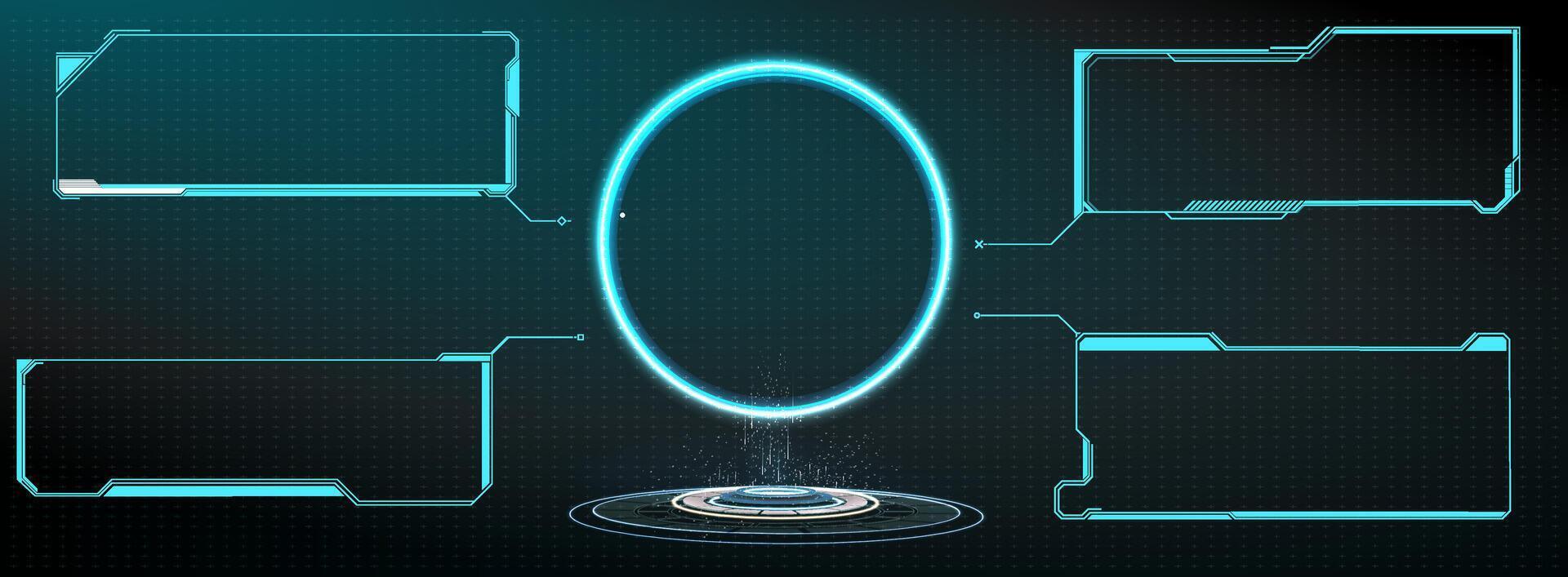 Futuristic digital interface elements glowing with blue neon light and circular center display offering high-tech design options. vector